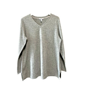 Isaac Mizrahi 100% Cashmere ribbed panel Sweater Relaxed Gray cozy Soft Lux-Sz-L